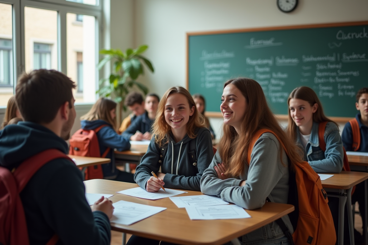 Lyceens discutant des résultats d'examen en classe