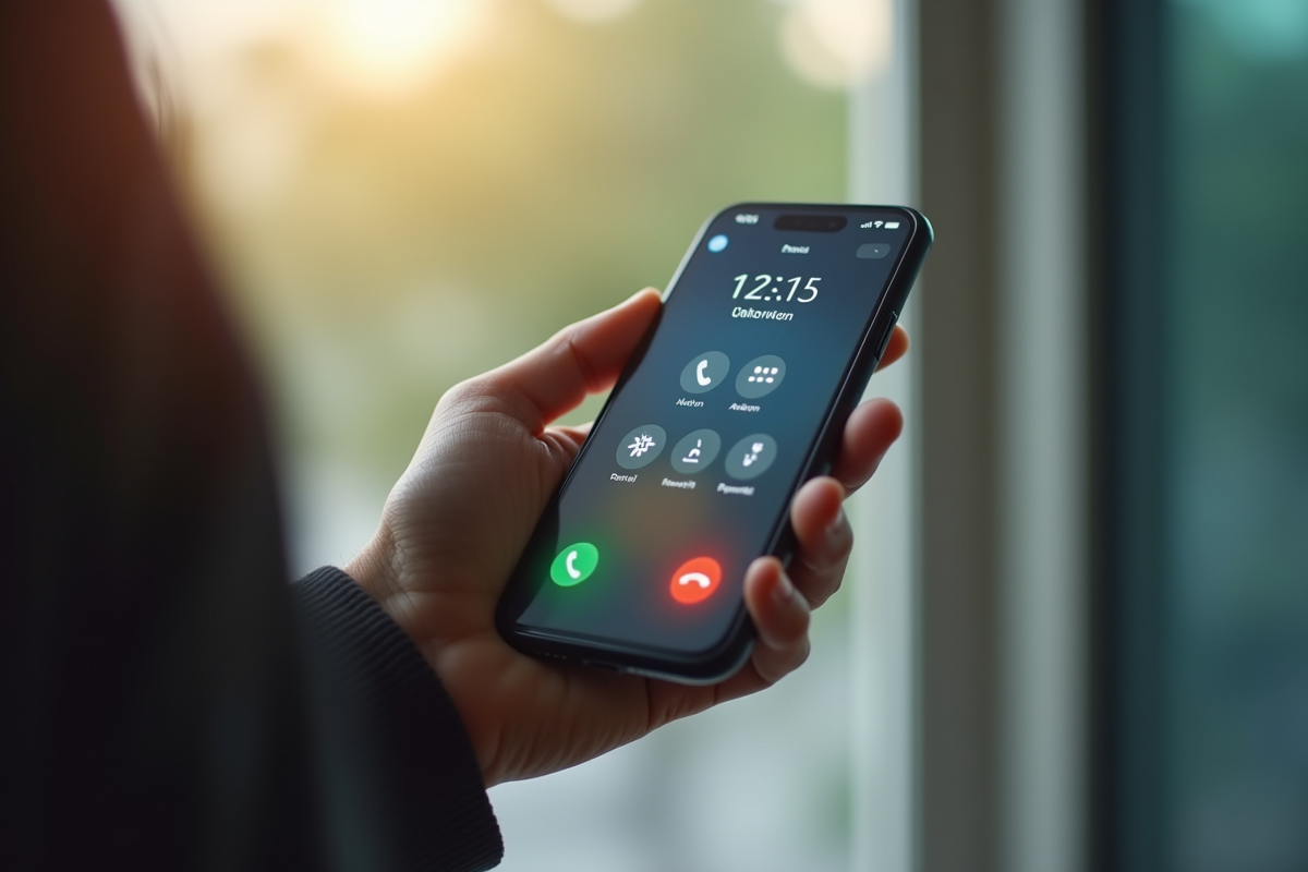 Main tenant un smartphone avec appel inconnu affiché