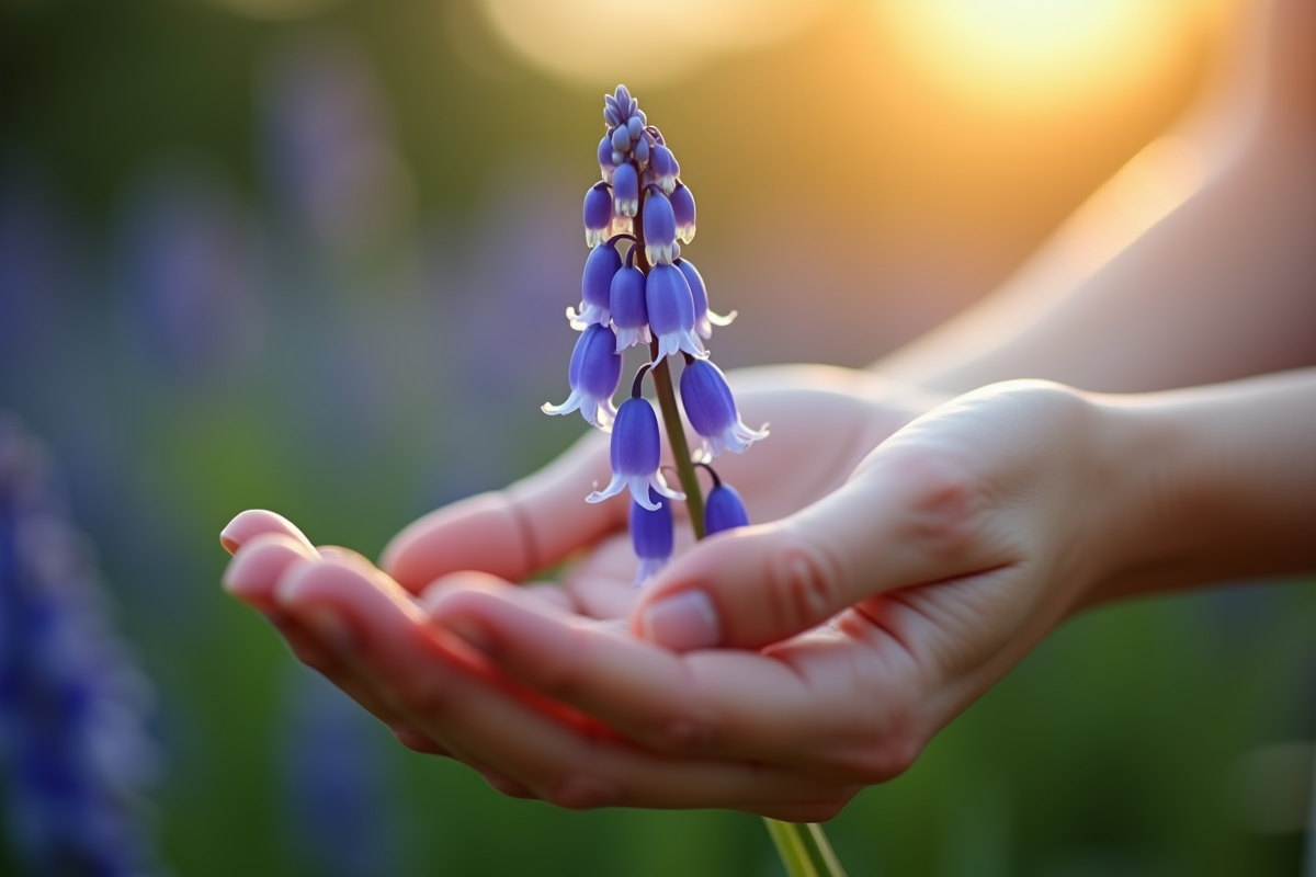 Mains tenant une fleur de bleuet en lumière douce
