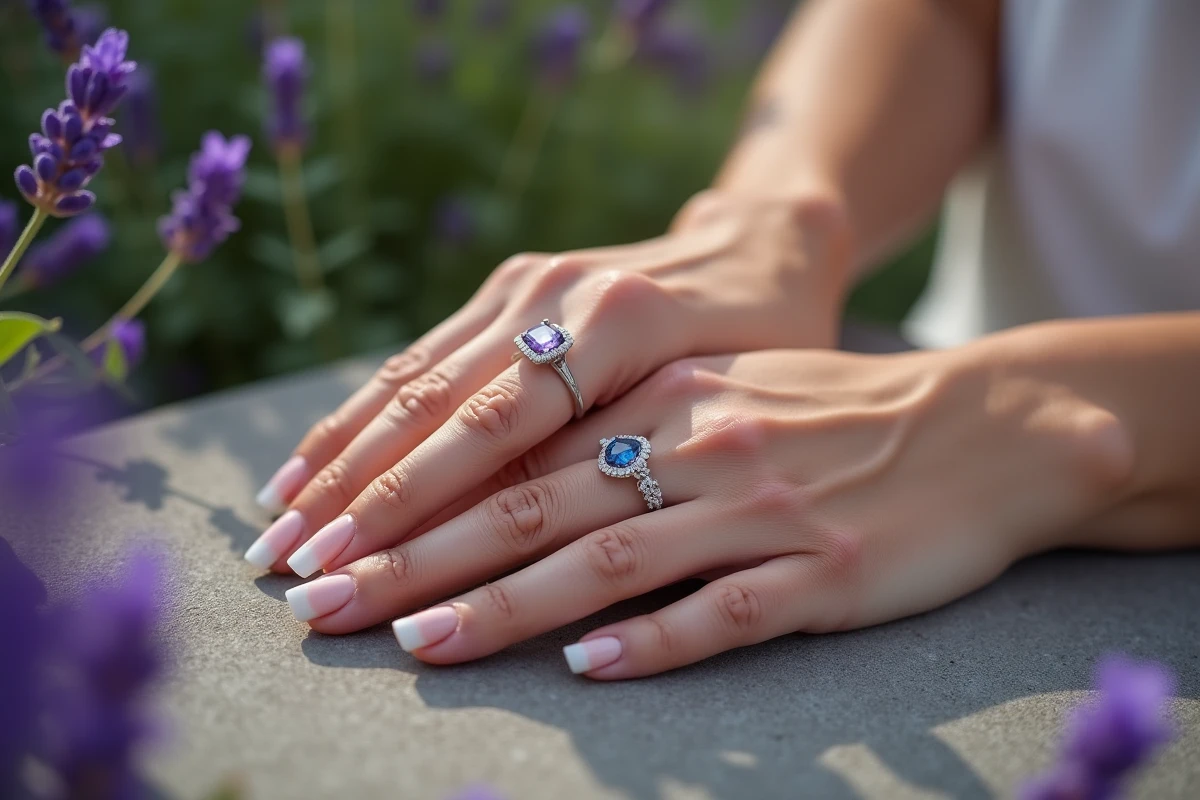Mains avec bagues violettes dans un jardin fleuri