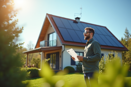 Maison moderne avec panneaux solaires et propriétaire souriant