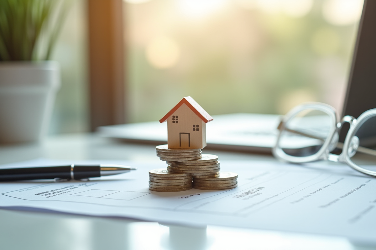 Modèle de maison sur des pièces et documents de prêt immobilier