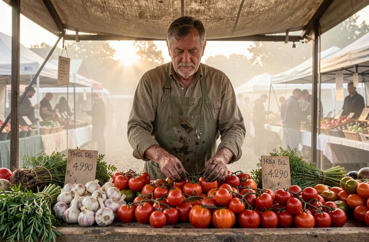Maraîcher au marché dominical présentant des tomates anciennes et des herbes aromatiques sur un étal en bois rustique