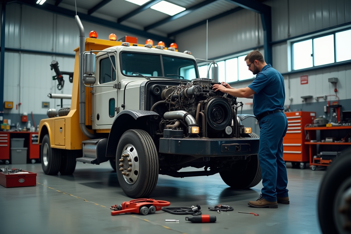 Mecanicien inspectant un camion de remorquage en atelier propre