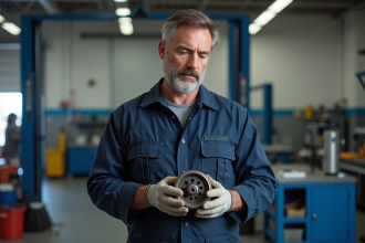 Mécanicien homme en tenue dans un garage automobile