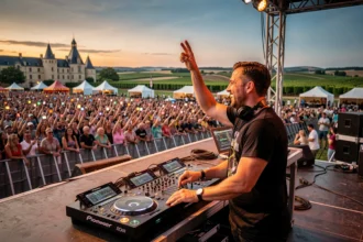 DJ en performance sur scène lors d'un festival en plein air en Nouvelle-Aquitaine devant une foule enthousiaste