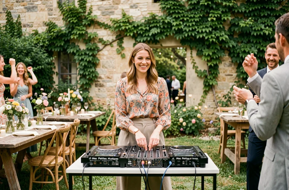 DJette de Mes Petites Musiques mixant lors d'une réception de mariage dans un jardin du Périgord