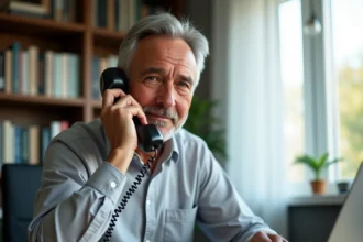Homme consultant sa messagerie vocale Free fixe depuis son domicile avec un téléphone filaire