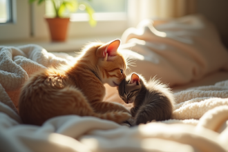 Chaton allaité par sa mère dans un cadre chaleureux