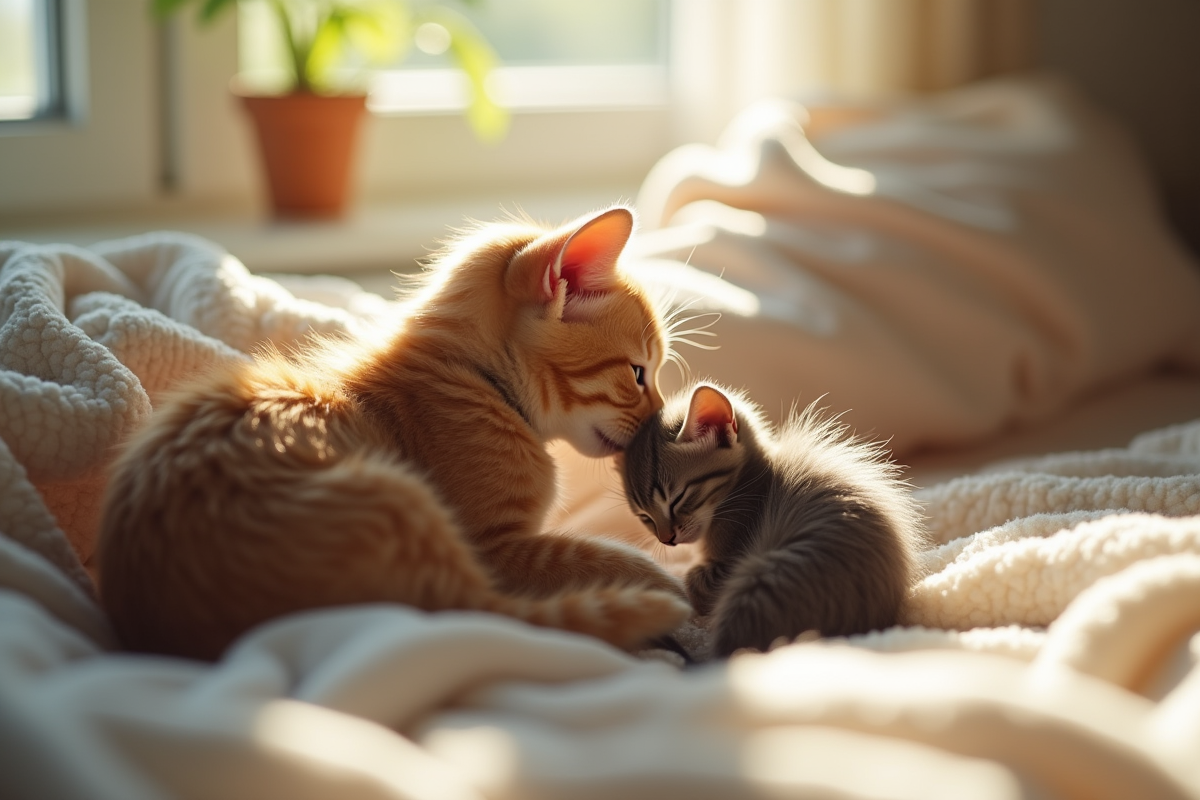Chaton allaité par sa mère dans un cadre chaleureux