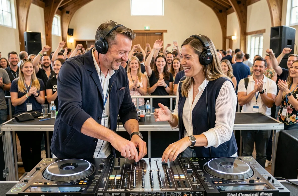 Duo de DJ mixant ensemble lors d'un événement Mix and Match Nouvelle-Aquitaine dans une salle intérieure