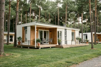 Extérieur d'un mobil-home haut de gamme dans un camping français entouré de pins