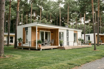 Extérieur d'un mobil-home haut de gamme dans un camping français entouré de pins