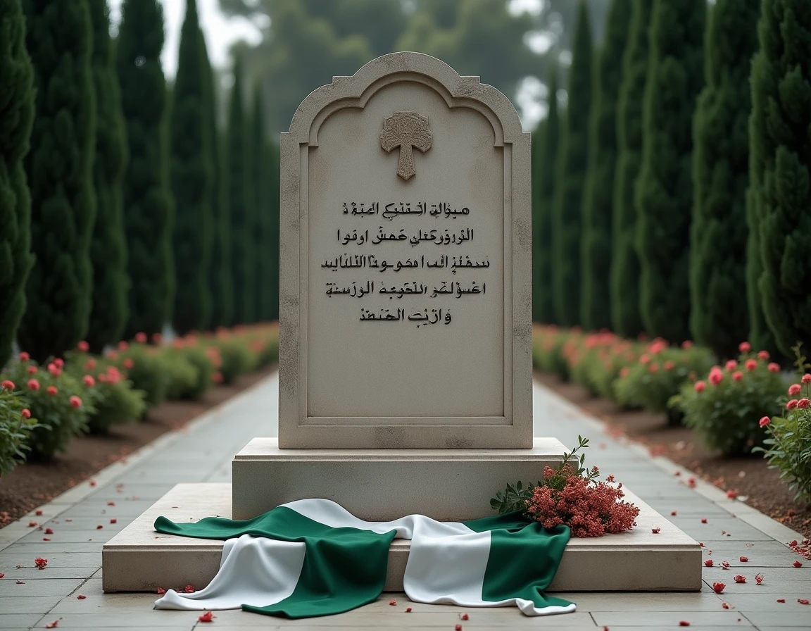 Monument commémoratif avec calligraphie persane dans un jardin évoquant la mort et les dernières volontés du Shah d'Iran