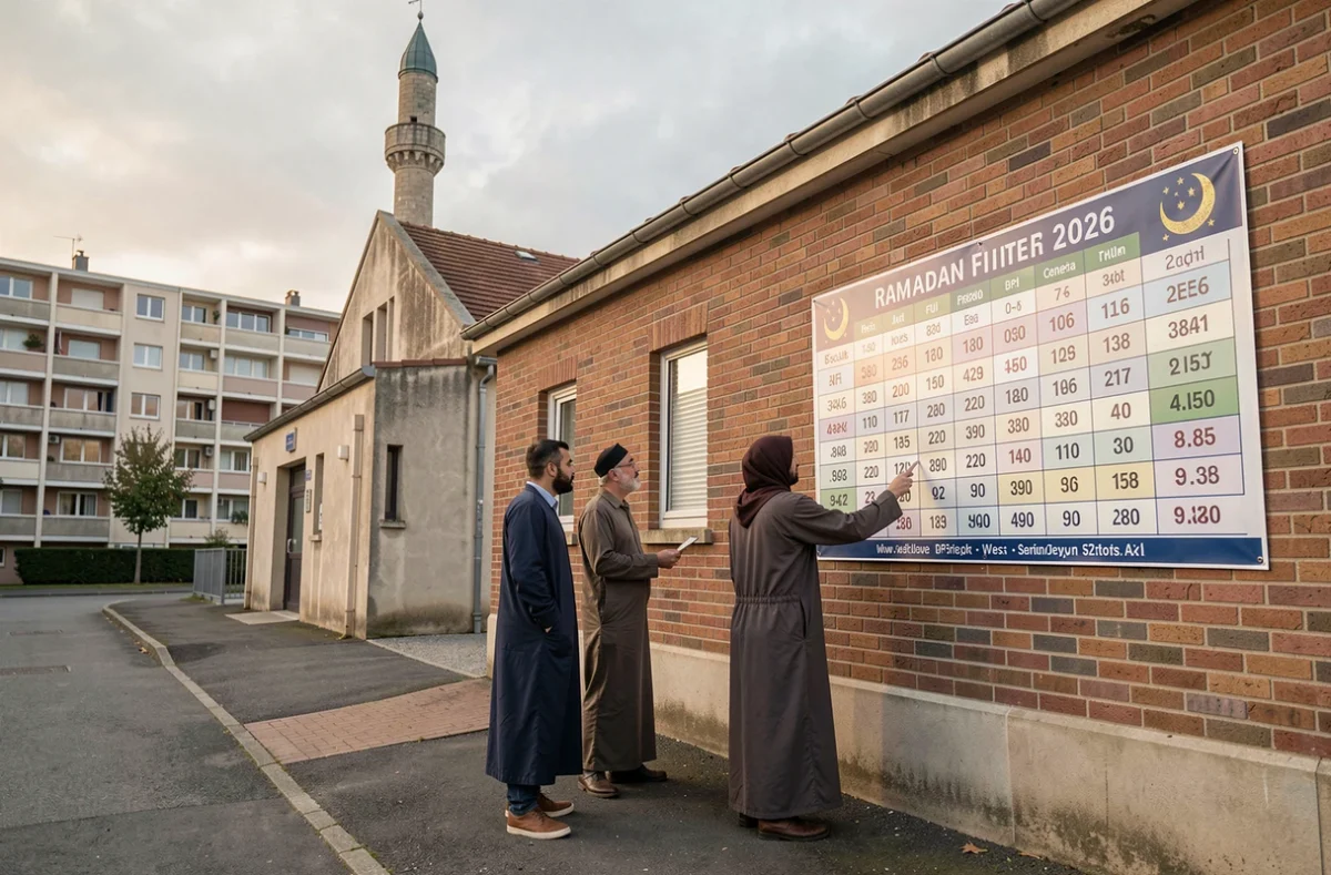 Groupe de fidèles consultant l'affiche des horaires de prière Ramadan 2026 devant une mosquée de Les Mureaux