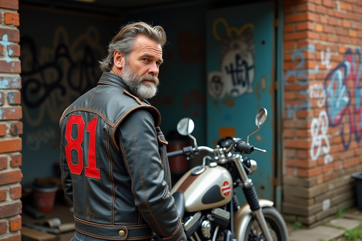 Motard homme avec patch 81 sur veste en cuir devant moto