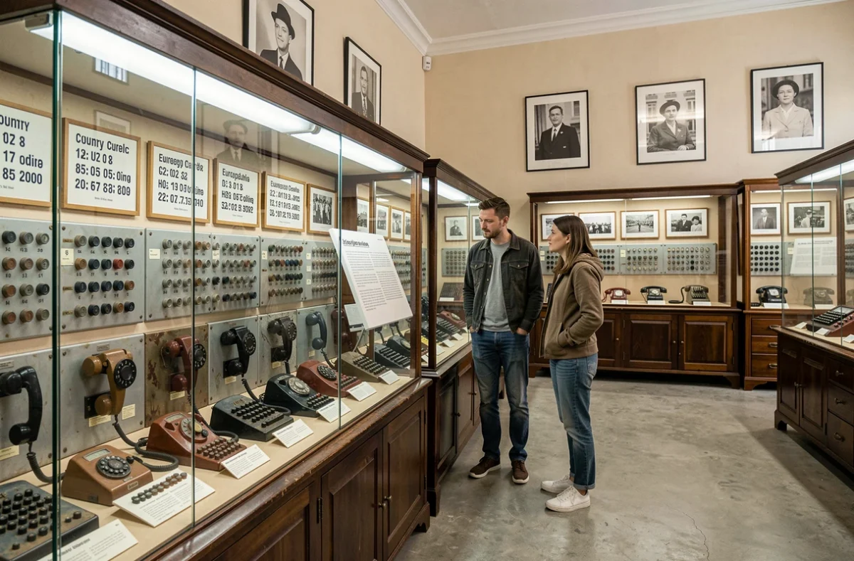 Visiteurs découvrant des équipements téléphoniques historiques et des codes indicatifs pays dans un musée des télécommunications