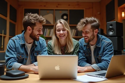 Trois jeunes musiciens en studio en pleine création