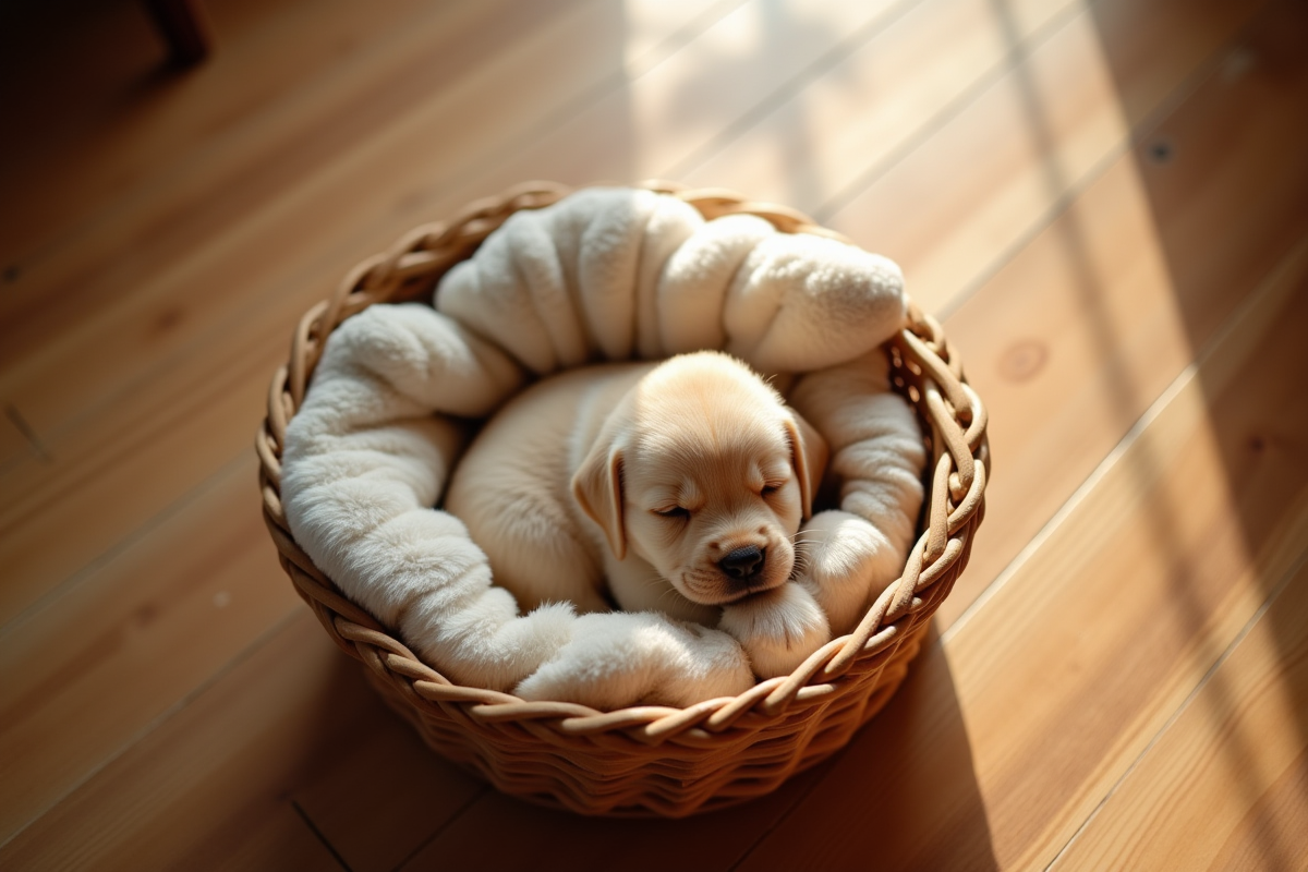 Petit chiot labrador nain dans un panier en osier lumineux