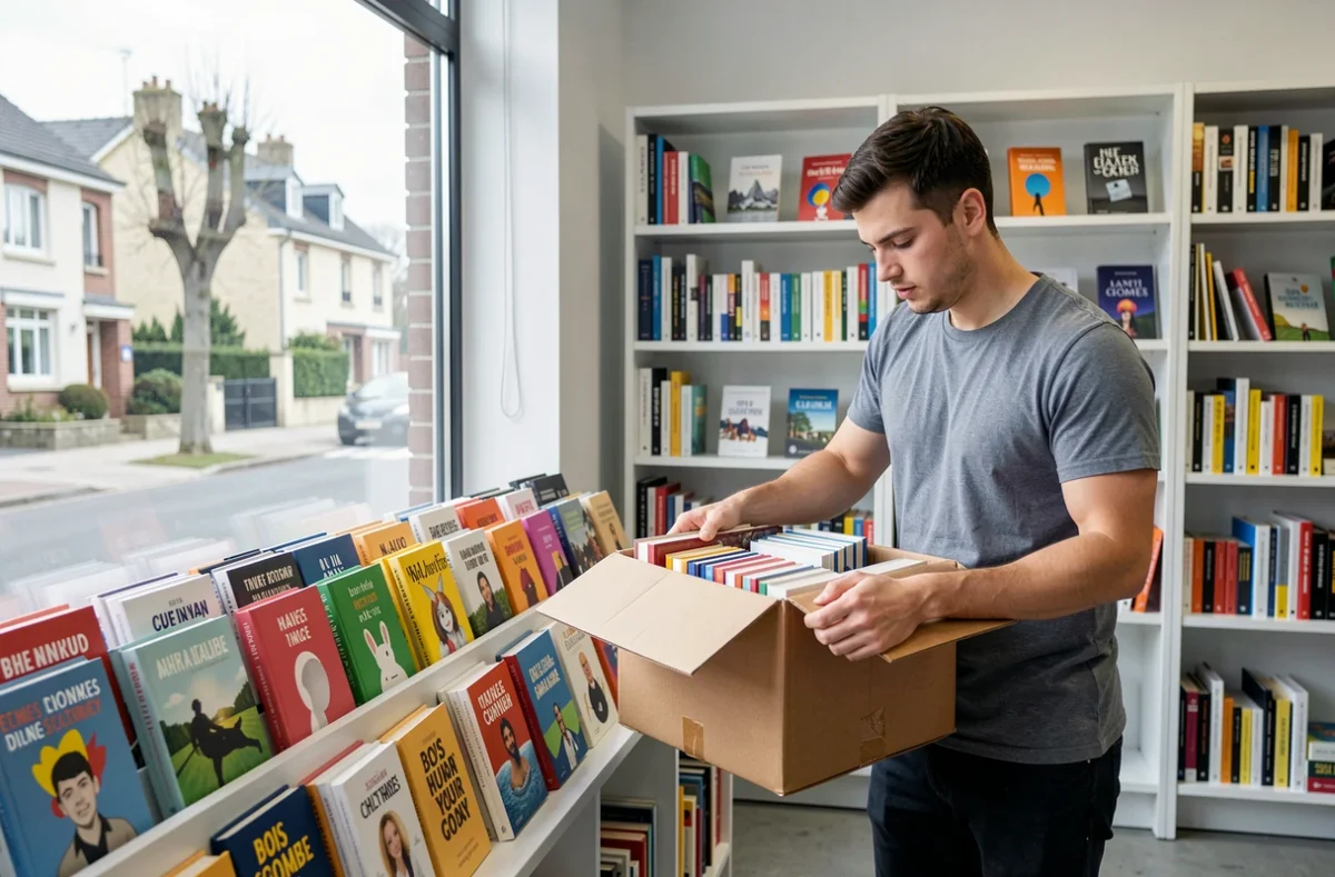 Bookseller déballant de nouveaux livres dans la librairie Nouvelle & Cie en expansion à Bois-Colombes