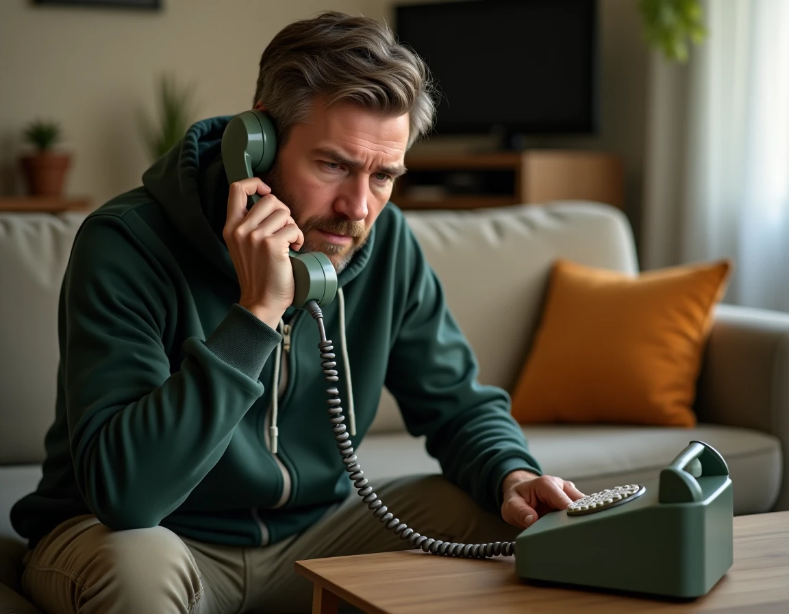 Homme composant le numéro répondeur Free fixe depuis son salon pour écouter ses messages à distance