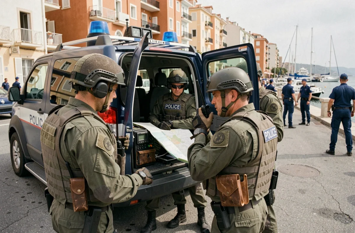 Officiers de police en tenue tactique coordinant une intervention à Cannes près d'un véhicule de commandement