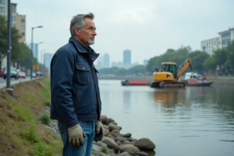 Homme d'âge moyen observant la rivière en ville
