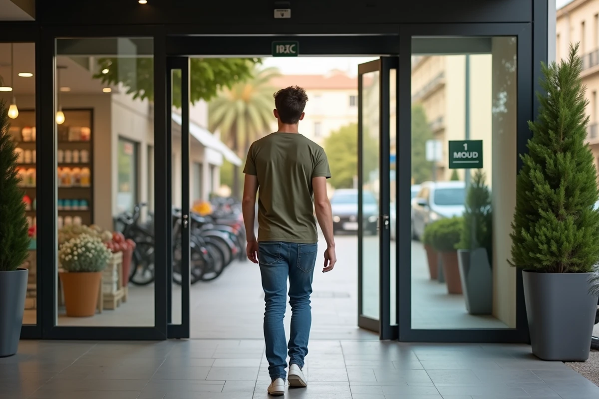 Jeune homme passant la porte automatique d