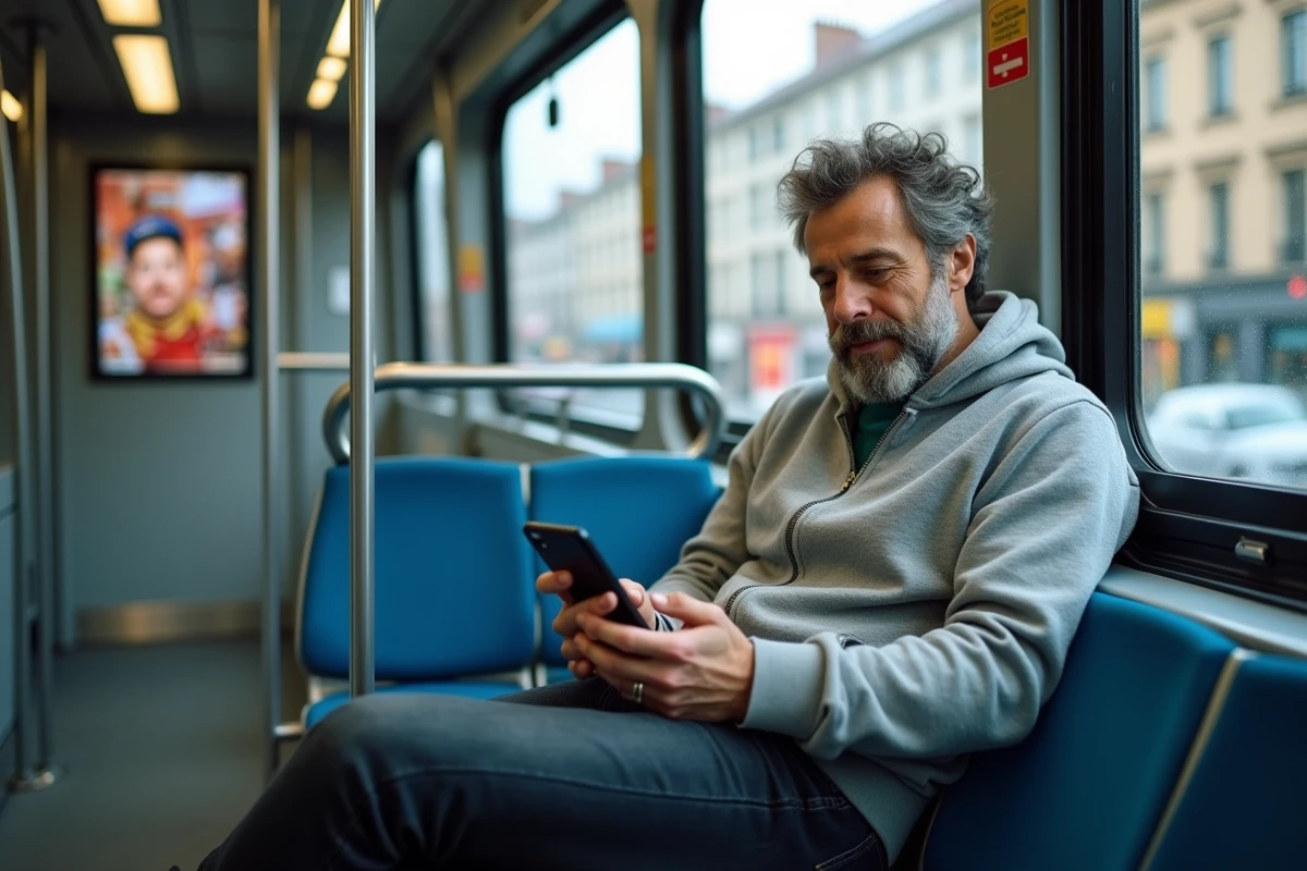 Passager consultant une application de trajets en tram sur son téléphone à l'intérieur d'un tramway à Nantes