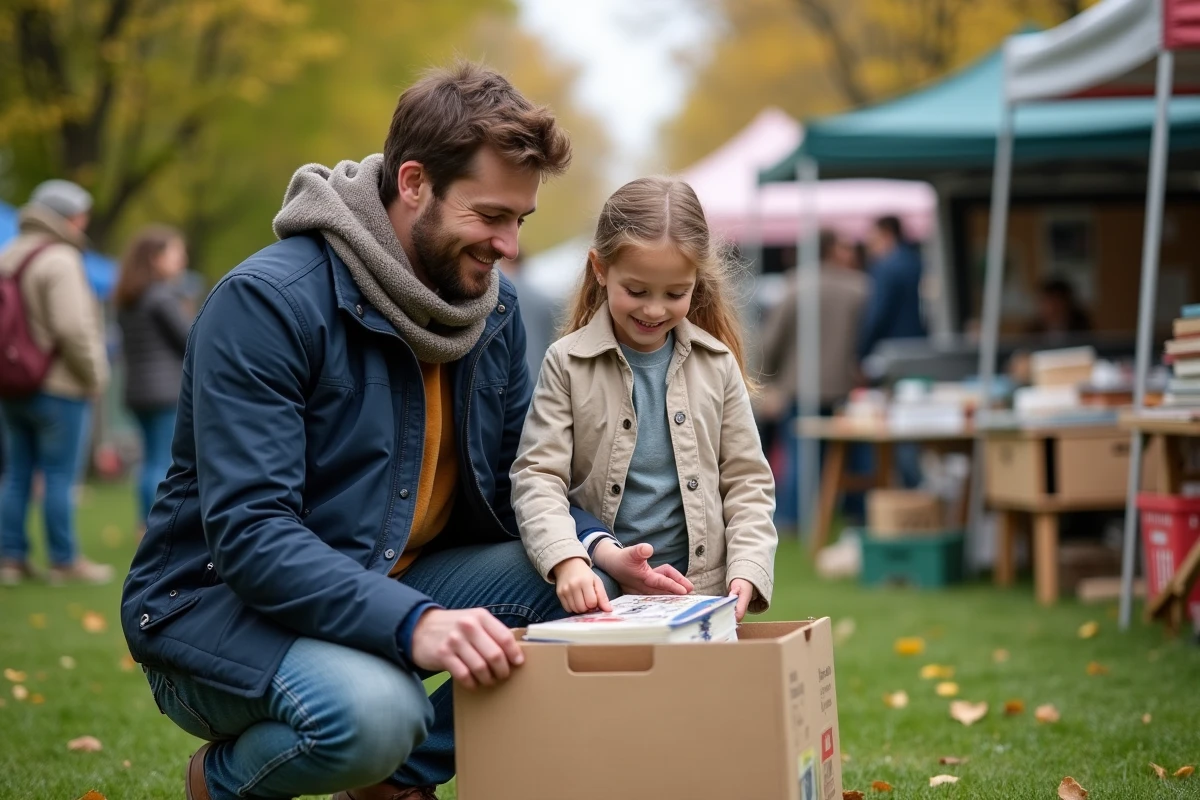Père et fille souriante à la vente de livres d
