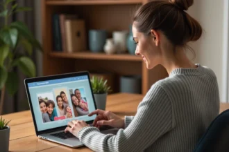 Femme personnalisant une cybercarte animée avec ses photos sur un ordinateur portable dans un bureau à domicile