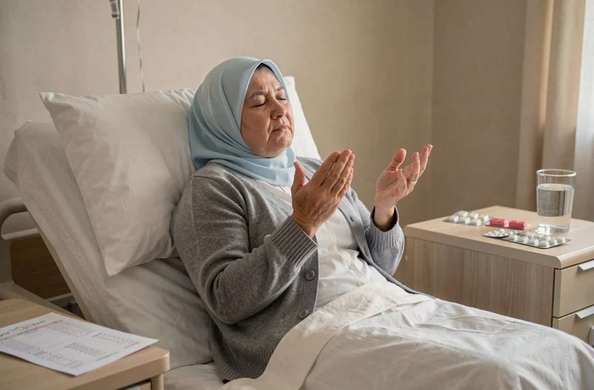 Femme malade effectuant une prière adaptée depuis son lit à domicile, illustrant les ajustements des horaires de prière pour personne malade à Douai