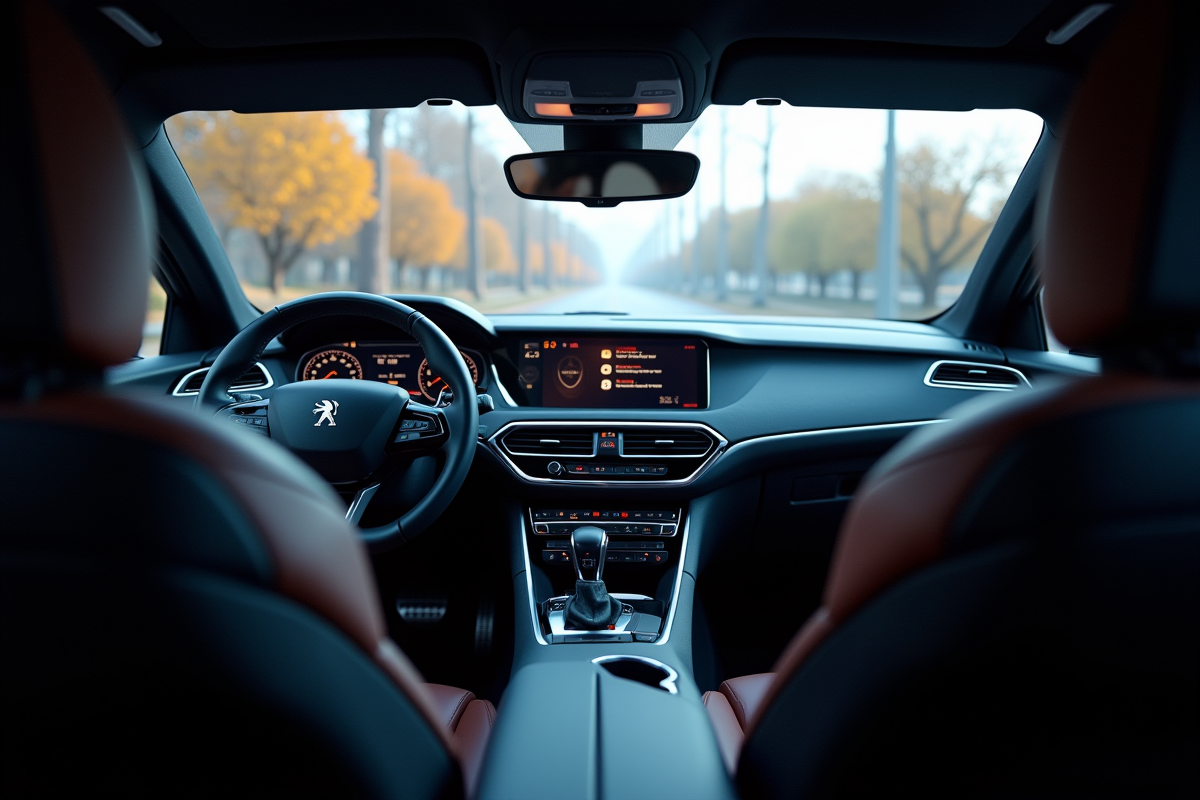 Intérieur de la Peugeot 408 vue de l arrière avec console centrale lumineuse