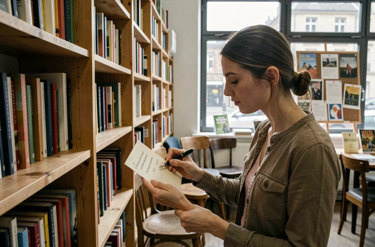 Libraire rédigeant un coup de cœur manuscrit dans la librairie Point de côté à Suresnes