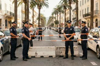 Policiers établissant un périmètre de sécurité dans une rue de la Côte d'Azur lors d'un incident public à Cannes