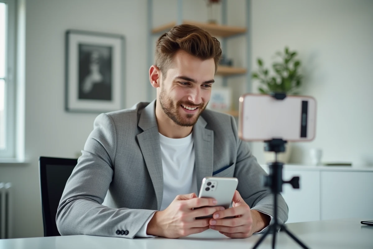 Jeune homme en blazer gris enregistrant une vidéo sur smartphone dans un bureau moderne, illustrant l'influence politique sur les réseaux sociaux