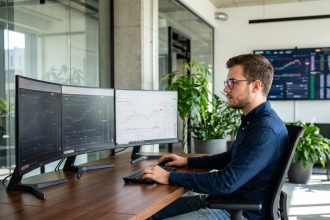 Jeune homme professionnel concentré devant ses écrans de crypto