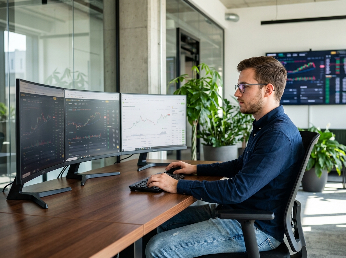 Jeune homme professionnel concentré devant ses écrans de crypto
