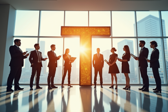 Professionnels en bureau formant la lettre T
