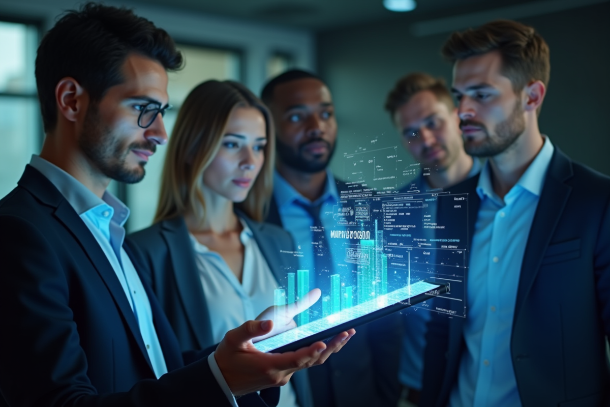 Groupe de professionnels utilisant interface digitale