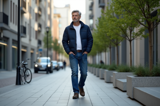 Homme d'âge moyen marchant dans une ville moderne