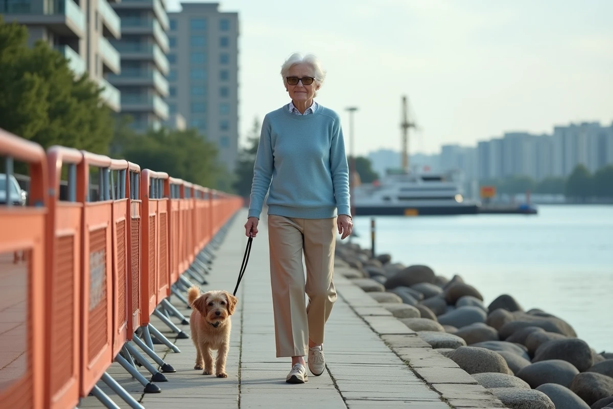 Femme retraitée marchant son chien au bord de l