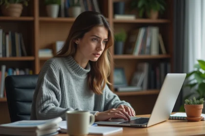 Femme récupérant l'accès à son compte en ligne sur un ordinateur portable depuis son bureau à domicile