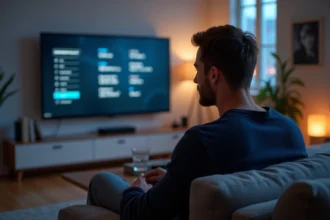 Homme ajustant les réglages d'une télévision Adkimi dans un salon moderne