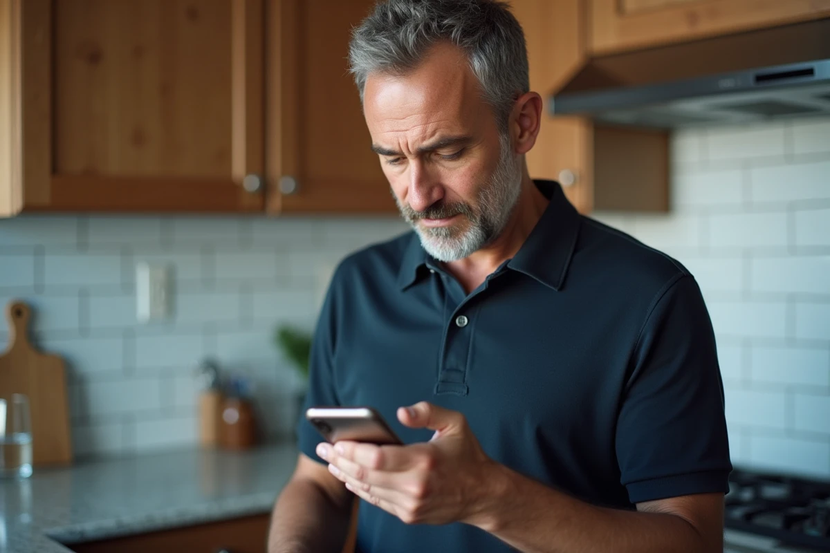 Homme suivant une procédure de réinitialisation de mot de passe sur son smartphone dans une cuisine moderne