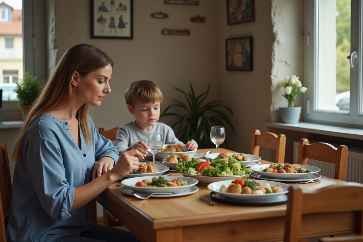 Femme et garçon partageant un repas français traditionnel