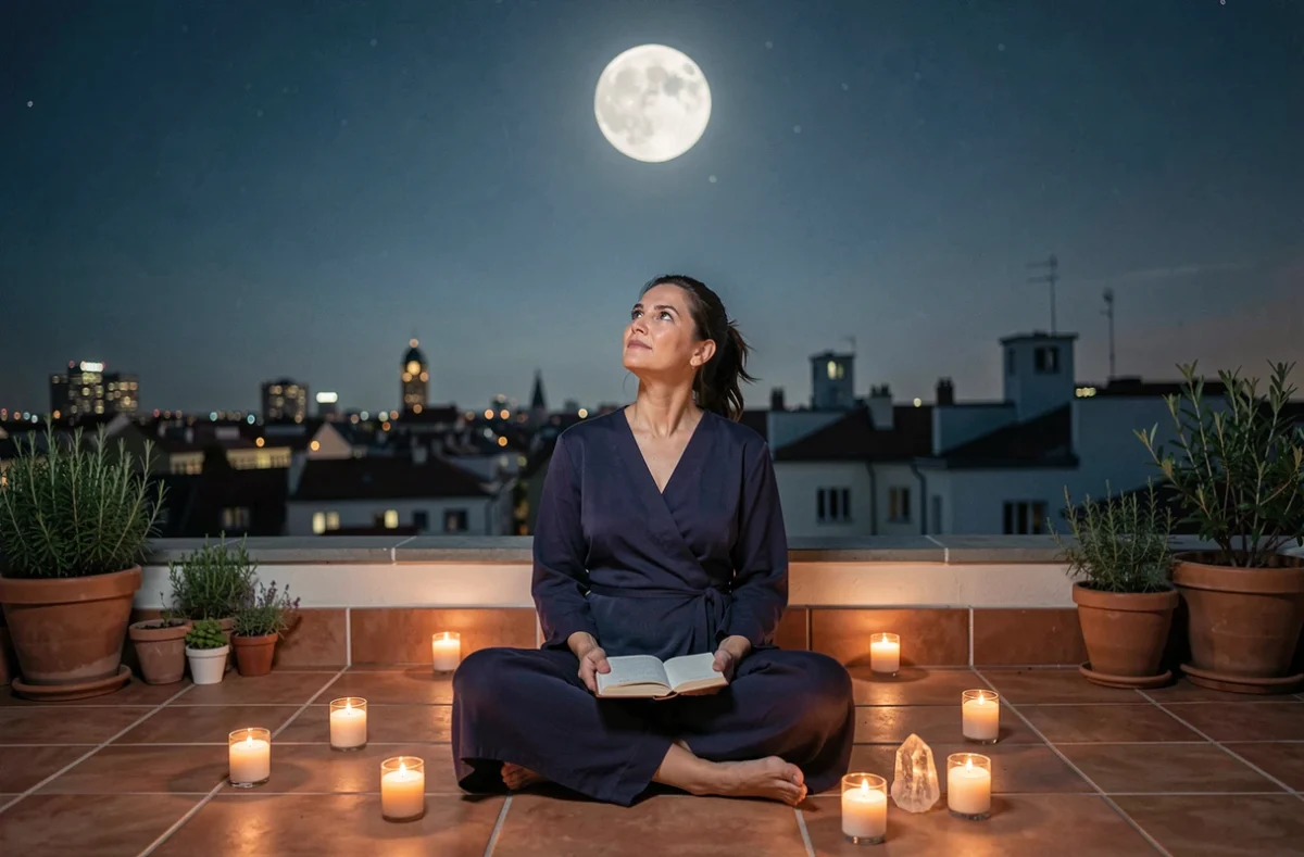 Femme pratiquant un rituel de pleine lune sur un toit urbain avec bougies et cristaux pour manifester