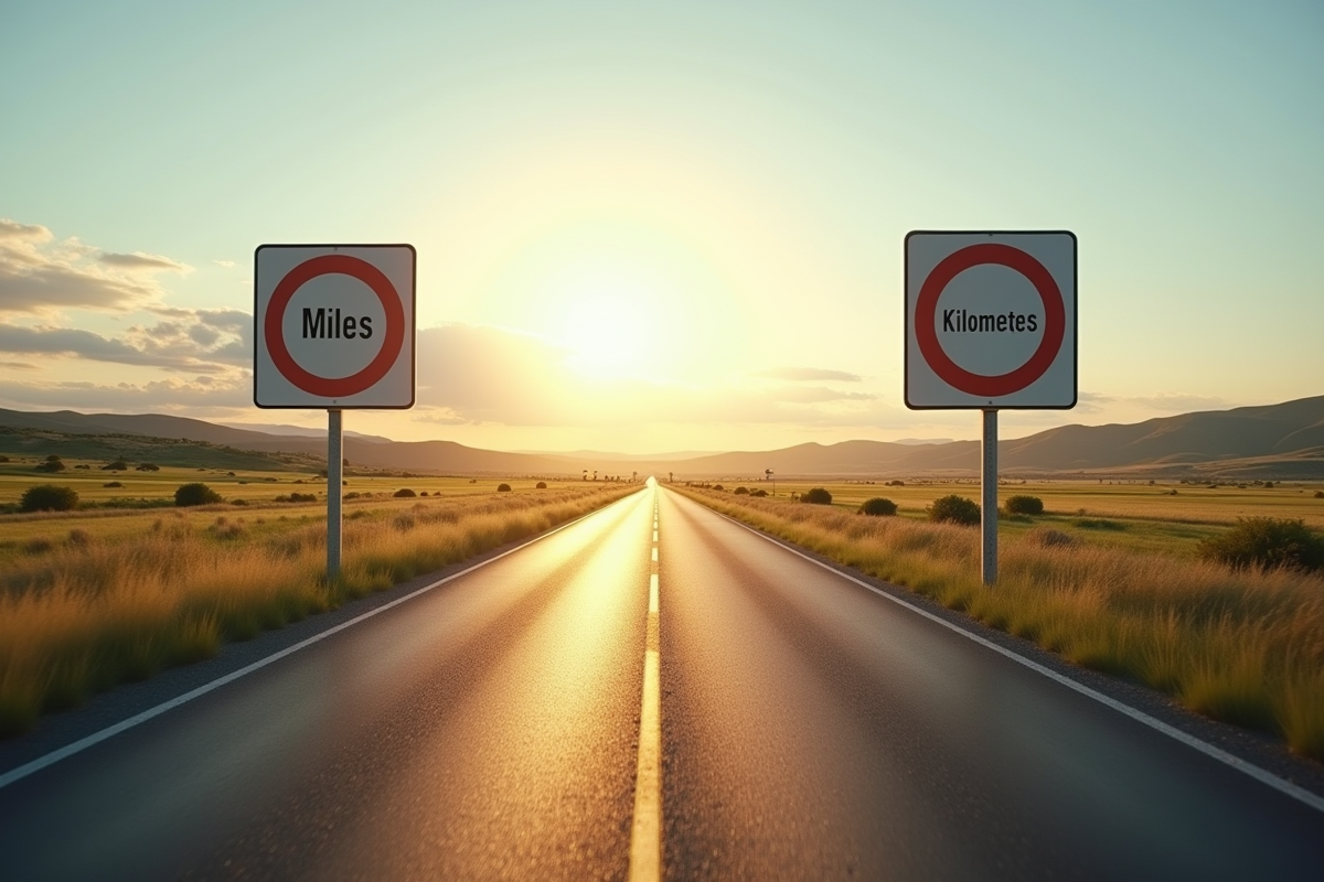 Route de campagne avec panneaux miles et kilometres en plein soleil