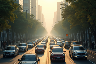 Rue animée en ville avec véhicules et piétons en journée