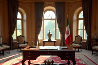 Salle de réception diplomatique avec mobilier persan doré et documents historiques évoquant le règne du Shah d'Iran